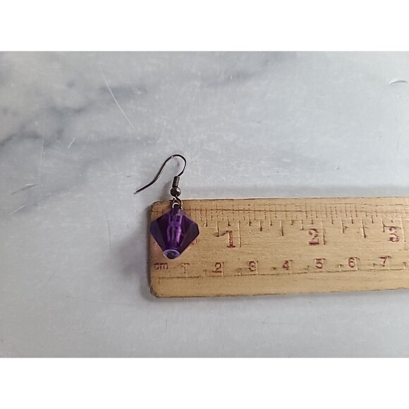 Silver Tone Metal Purple Beaded Dangling Pierced Earrings Vintage - Picture 10 of 10
